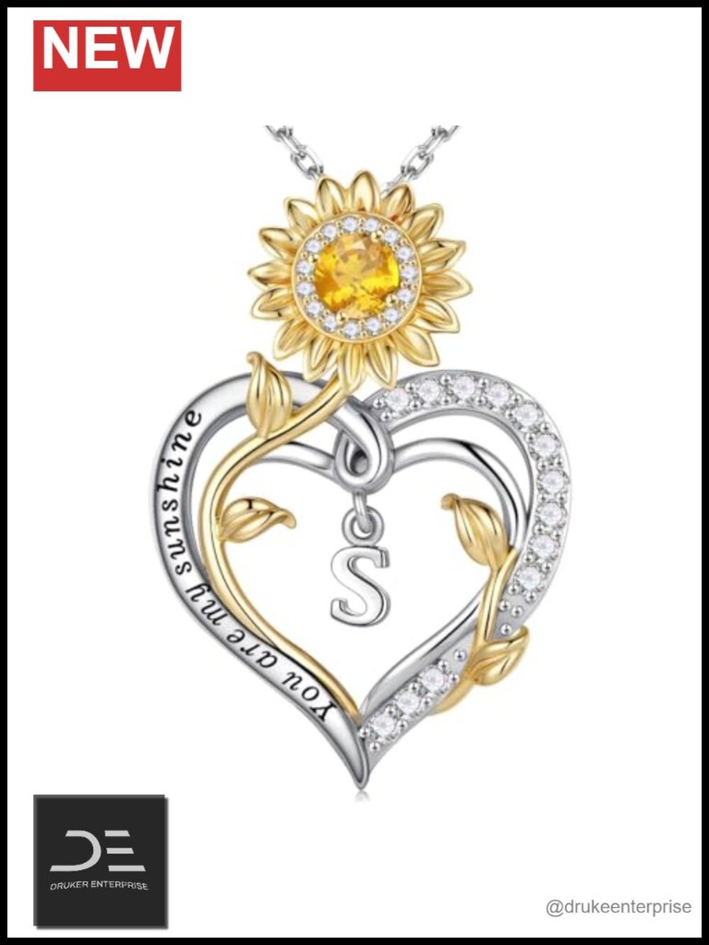 925 Sterling Silver Sunflower Initial Pendant Necklace with Cubic Zirconia for